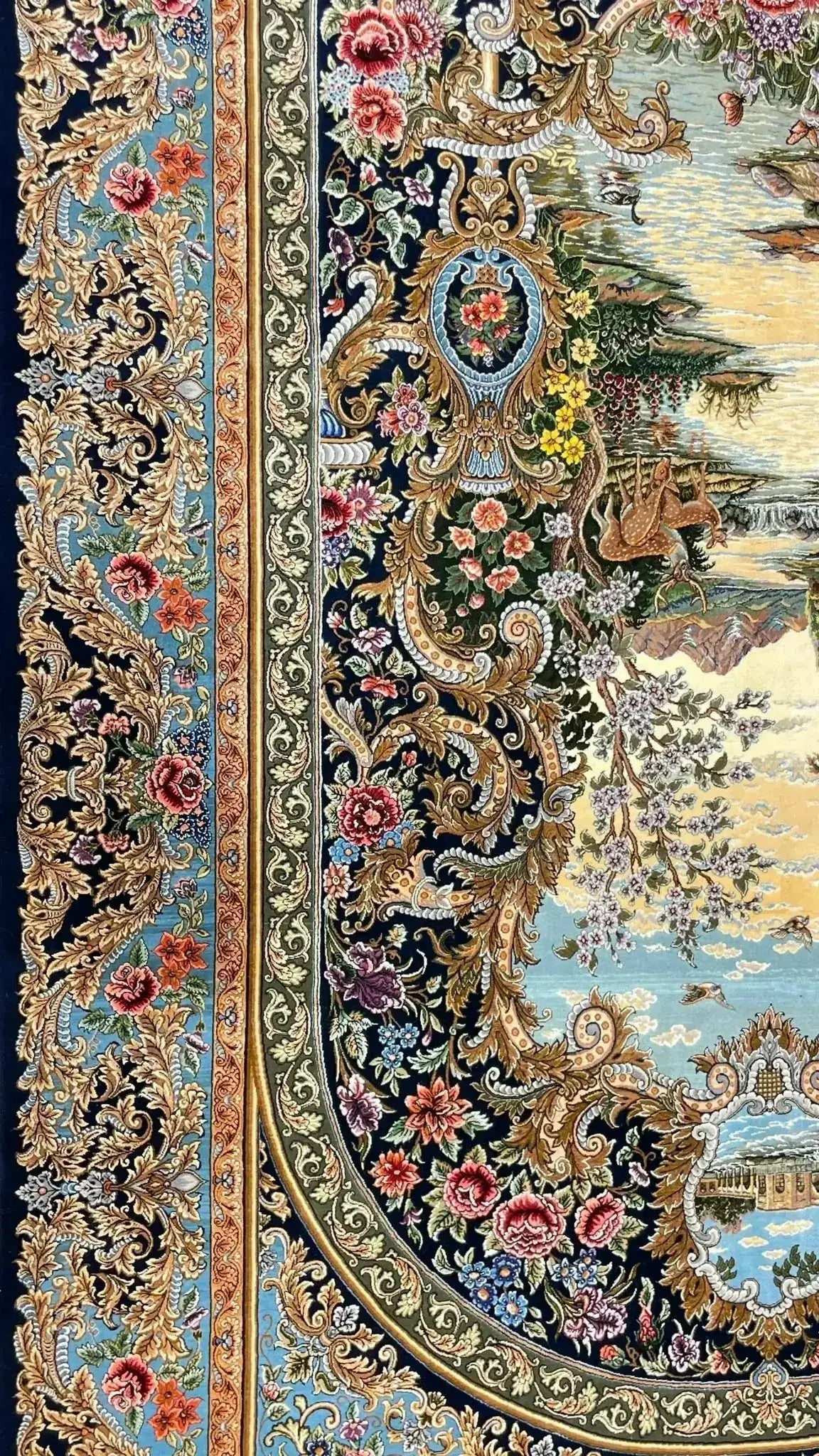 "Luxurious Isfahan Persian rug by Mirzaie – 7.5x5.2 feet, hand-knotted wool and silk masterpiece"